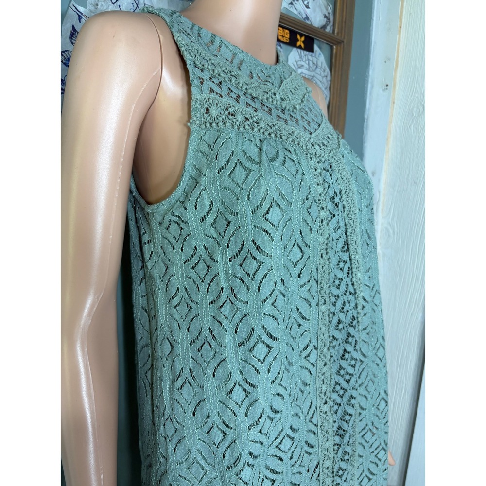 Jolt Sage Green Lace Sleeveless Shift Dress Shimmer Crochet High Neck Small - Picture 6 of 6